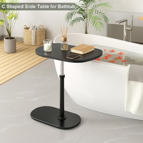 Image of Adjustable C-Shaped Couch Side Table | 360 Swivel TV Tray Stand | Slide-Under Sofa End Table in Black (Engineered Wood)