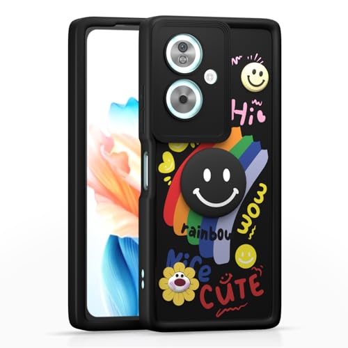 Image of Pikkme Back Cover for Oppo A79 5G | Soft Silicone| Cute Rainbow Smile & 3D Cartoon Flower Design | Shockproof Raised Camera Protection Bumper Case (Black)