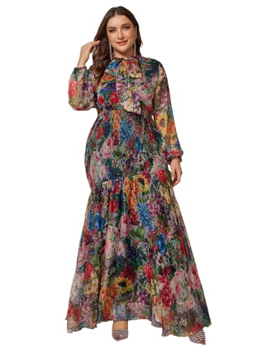 Image of Spring Summer 2024 Plus Size Womens Dresses V Neck Casual Elegant Long Sleeve Floral Print Maxi Dress