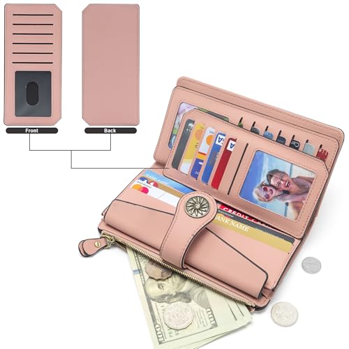 Travelambo Wallets Women RFID Large Capacity Luxury Waxed Leather Clutch Wallet Multi Card Organizer(Light Purple + Champagne Pink)4