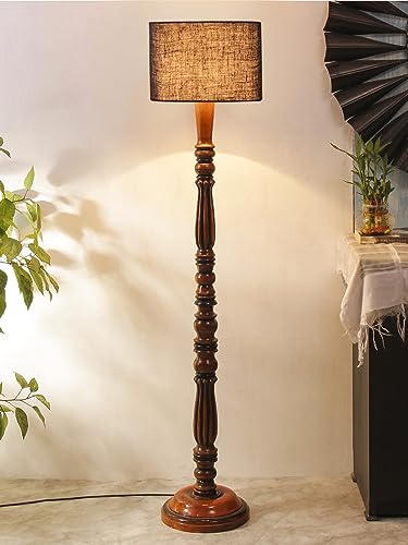 Image of Jute Modern Floor Lamp with Wooden Base - Height 56 Inches | Modern & Fashionable Standing Lamp for Living Room, Bedroom & Office | Stylish Home Decor Lighting in Elegant Blue Shade