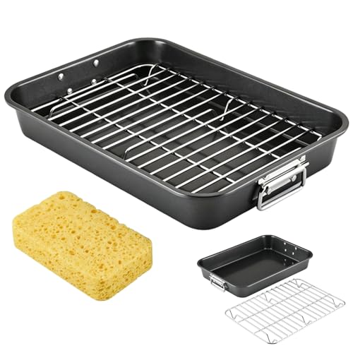 Carbon Steel Baking Trays with Rack for Oven Non Stick - 7cm Deep Roasting Tins Large Oven Trays with Heavy-Duty Handles Bakeware Roasting Tray for Oven Kitchen Home - Dishwasher Safe - 40x28x7cm