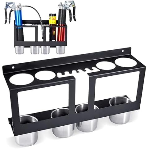 B4B BANG 4 BUCK Grease Gun Holder Compatible with 2 Grease Guns Wall Mount Grease Gun Storage Rack with Stainless Steel Removable Drip Cup and Spare Cartridge Holder Cover