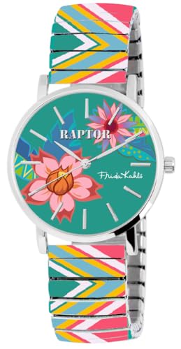 Raptor Damenuhr Frida Kahlo Edition mit Zugband, Hochwertige Armbanduhr aus Edelstahl, Geschenk für Frau, Freundin oder Mutter mit Uhrenbox (Blau)