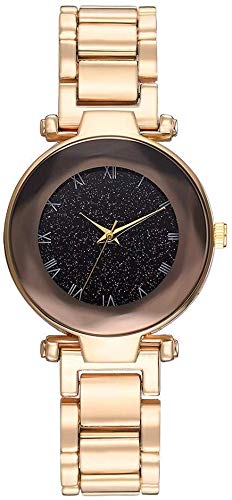 Damenuhr Quarz-Armbanduhr mit rundem Zifferblatt Sternenhimmel mit Metallarmband für Elegante Frauen, Gold