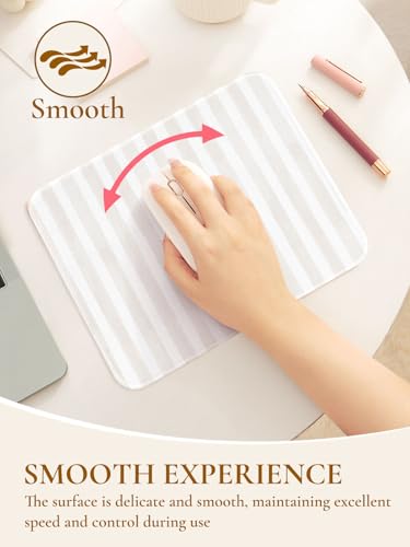 Image of Square Cute Striped Mouse Pad with Stitched Edge, Premium Waterproof Cloth Aesthetic Small Mouse Mat, Non-Slip Rubber Base Simple Funny Mousepad Desk Accessories,Beige and White
