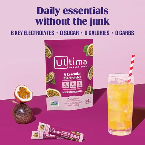 Image of Ultima Replenisher Daily Electrolyte Powder - Passionfruit, 20 Stickpacks - Zero Sugar Hydration Packets with 6 Electrolytes and Minerals - Sugar Free, Plant Based & Keto Friendly Drink Mix