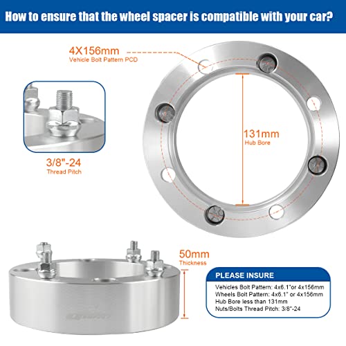Gasupply 4×156 Atv Wheel Spacers, 2 Inch 50Mm 4 Lug Wheel Spacer Adapters 131Mm Hub Bore 3/8"-24 Studs Compatible With Kawasaki, Polaris, Yamaha, 4Pcs #TOP1