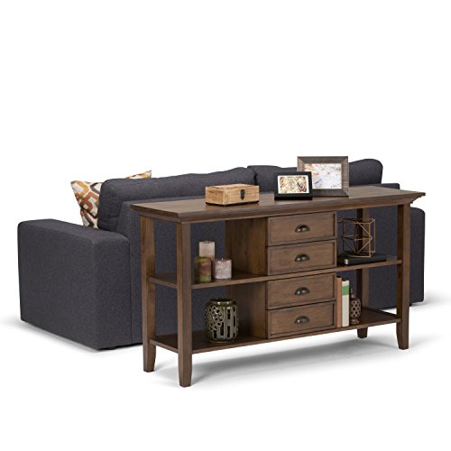 Simplihome Redmond Solid Wood 54" Wide Rustic Contemporary Modern Console Sofa Entryway Table In Rustic Natural Aged Brown With Storage, 4 Drawers And 4 Shelves, For Living Room, Entryway And Bedroom #TOP1