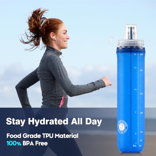 SLUXKE 500ml Faltbare Trinkflasche Set von 2, Faltbare Wasserflasche TPU Soft Flask, Leichte, Flexible, Rollbare, BPA FREIE Sportflasche zum Wandern Camping Fitness Klettern 4