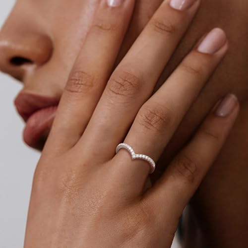 Crisss Cross Ring, Moissanite Wedding Band, 14K Gold Plated Sterling Silver Wedding Rings for Women Stackable Bezel/Curve/Wishbone Eternity Ring for Her, Size 6-102