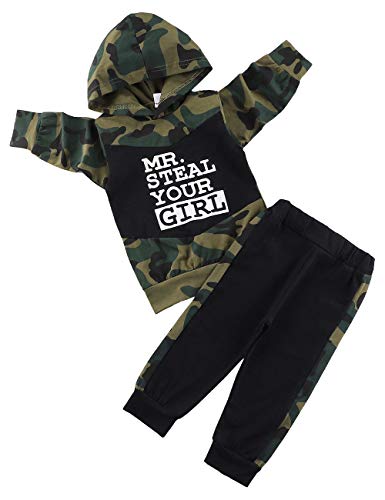 Toddler Baby Boy Clothes Long Sleeve Funny Print Hoodie and Camouflage Pants Outfits Set (Green-Camo, 6-12 Months)