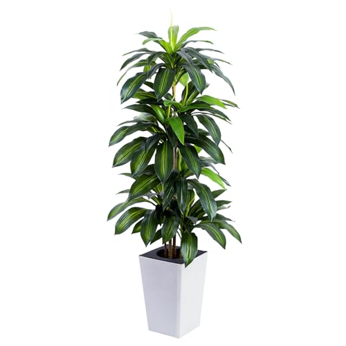 Artificial Dracaena Tree with White Tall Planter, 5ft Tall Potted Artificial Dracaena Silk Plant...