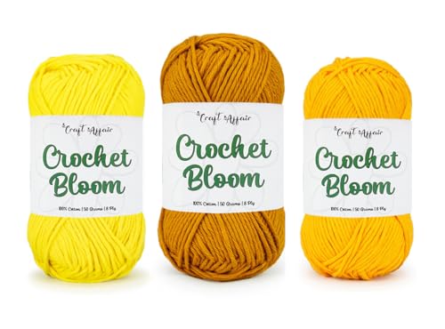 Image of Craft Affair | Crochet Bloom Cotton Yarn 8ply (Each Color 2mm, 77Meter, 50Gram) 100% Pure Cotton | for Knitting Yarn | Craft & DIY Project: Lemon, Mustard, Mango