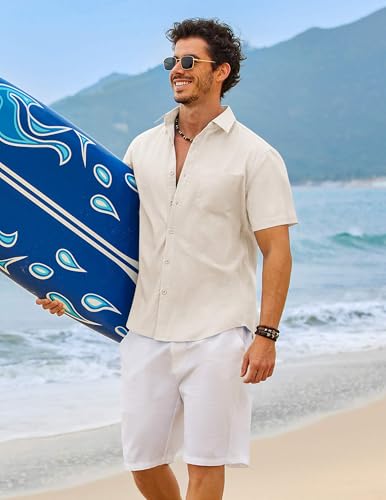 Image of COOFANDY Men's Button Down Short Sleeve Shirt Casual Cotton Summer Beach Wedding Linen Shirts with Pocket