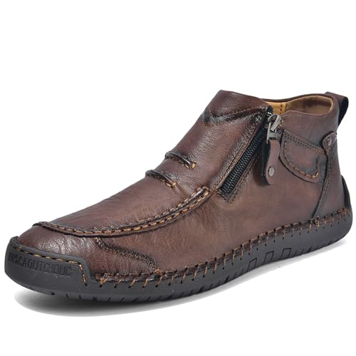 Men's Classic Vintage Hand-stitched Side Zipper Ankle Boots Fashion Comfortable Slip Resistant Casual Loafers Outdoor Driving High Top Flat Shoes