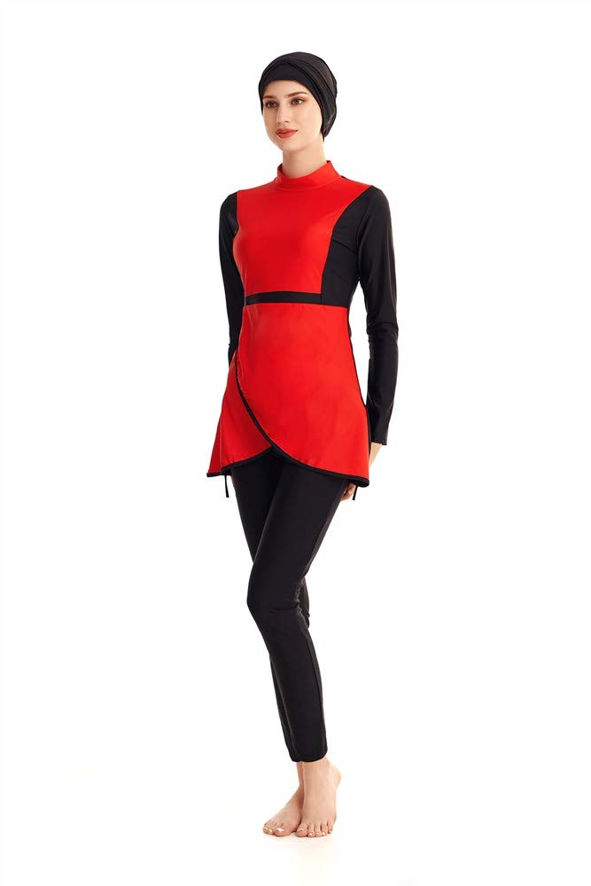 Muslim Swimsuits for Women Modest Swimwear Burkini Long Sleeve Swimming Suit Plus Size (Red, M)