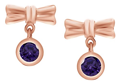 Round Cut Simulated Alexandrite Ribbon Bow Dangle Earrings In 14k Rose Gold Over Sterling Silver