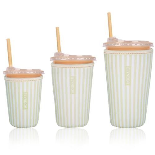 Image of Reusable Insulated Sleeve for Iced Coffee Cup, 3-Pack Coffee Neoprene Drink Sleeve for Cold & Hot Drinks, Beverage Holder for Iced Coffee (Lime Stripes)