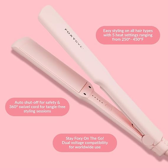 FoxyBae Sleek & Slay 1.75 Wide Plate Ceramic Flat Iron - Blush - Hair Straightener - Portable Professional Hot Tools - Healthy Hair  - Dual Voltage - [146W]