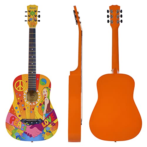 Image of Juarez Retro Acoustic Guitar, 38 Inch Cutaway, Hippie Peace Design, With Bag, Picks, Strap & Extra String Set - Basswood