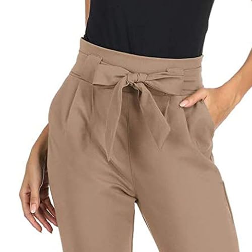 Business Casual Outfits for Women High Waist Pencil Pants with Pockets Bow-Knot Cropped Paper Bag Pants for Work4