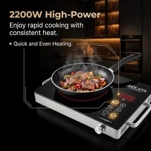 Image of AKKAYA Infrared Cooktop 2200W Electric Stove Without Gas - Infrared Electric Cooktop for All Cookware, Feather Touch Digital Controls with Digital Display, BBQ Grill Rack, Auto Shut-Off