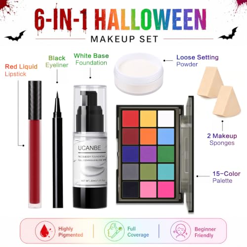 Image of UCANBE Colorful Halloween Makeup Kit - Clown Vampire Witch Zombie Makeup Set for SFX Costume Cosplay with Eyeshadow Palette, White Foundation, Red Lipstick, Black Eyeliner, Setting Powder & Sponges