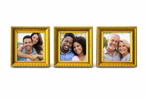 Image of Photo Frame Set of 3 - Modern Tabletop Picture Frames for Desk, Living Room & Bedroom Decor, Perfect for Wedding, Couple & Family Photos (3 x 3 inches) (Golden)