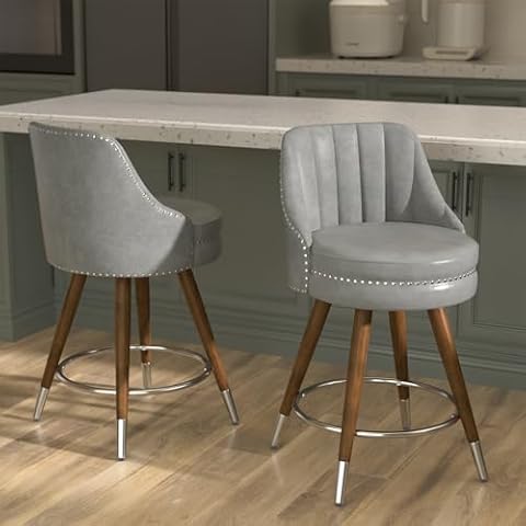 Sucrever Counter Height Bar Stools Set of 2, 24" Leather Bar Stools with Backs, Swivel Counter Stools with Wooden Legs for Kitchen, Dining Room, Bar, Grey Cover