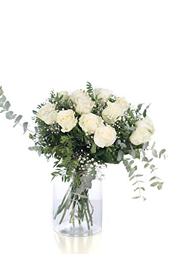Ramo 12 Rosas Blancas, Flores Naturales a Domicilio Blossom® | Ramo de Rosas Naturales a Domicilio Frescas y Recién Cortadas | Sant Jordi, San Valentín, Día de los Difuntos | Entrega Gratis