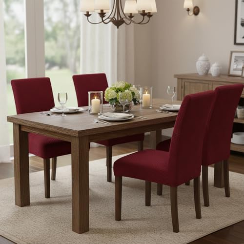 Image of House of Quirk Elegant Jacquard Chair Cover - 220 GSM Stretch Fabric, Universal Fit, Washable Short Dining Seat Protector Slipcover (Maroon, Pack of 1)