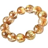 HHCTEBEC Pulsera de Cuarzo rutilado de Oro y Citrino Natural para Mujeres y Hombres, Cuentas curativas de Cristal Genuino, joyería de Piedra elástica Ajustable para abundancia, Riqueza,13MM