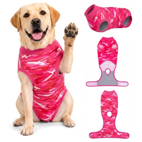Image of PetWarm Dog Recovery Suit, Anti-Licking Pet Surgical Recovery Onesies Suit Surgery Suit for Dogs, Professional Pet Recovery Shirt Dog Abdominal Wounds Bandages, Camouflage Pattern, Pink, L
