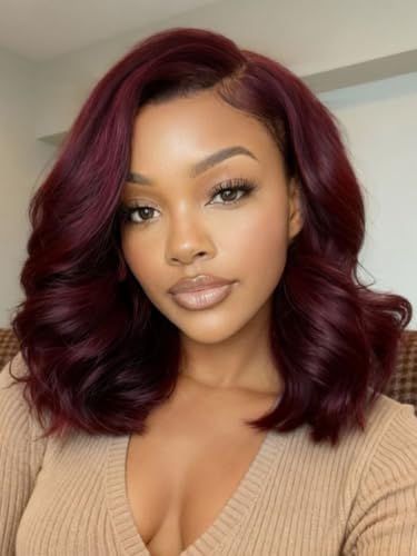 Image of Sunber Black Cherry Body Wave Bob Wig Human Hair Pre Cut 7x5 Glueless Lace Front Drawstring Wig with Curtain Bangs Natural Hairline Bye Bye Knots Pre Plucked Put and Go Wig for Women 12Inch