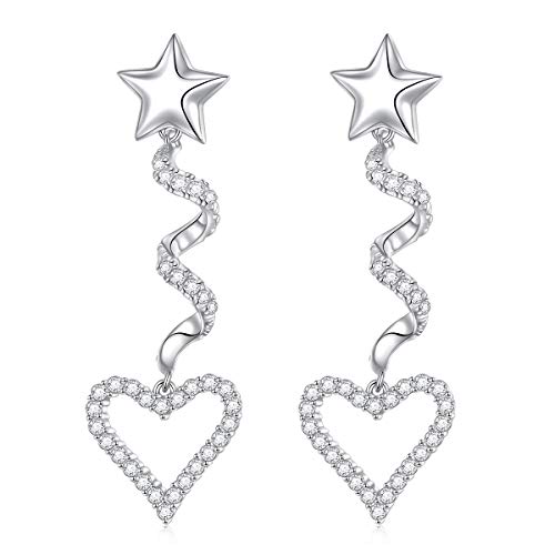 S925 Sterling Silver Heart Star Studs Earrings Long Dangle Drop Earrings for Women Girls