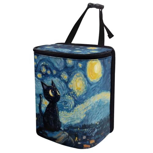 Image of Talayituse Cat Starry Night Print Car Trash Can with Lid, Leak Proof Auto Trash Bag Hanging Vehicle Garbage Can Multipurpose Storage Container for Back Seat Road Trip