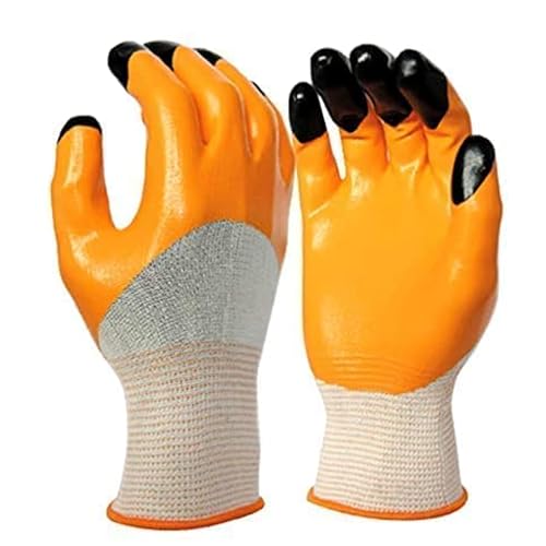 Image of Multipurpose Use |Anti Cut Nitrile Coated Nylon Knitting Work Safety Gloves | Hand & Fingers, Gardening, Construction, Agriculture & Automotive - Durable & Comfortable (ORANGEBLACK-5PAIRS)