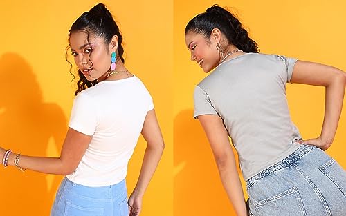 Image of POPWINGS Casual Solid V-Neck Short Sleeves Summer Wear Tops Combo for Women
