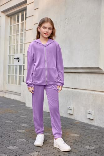 Image of Arshiner 2 Piece Outfits for Girls Kids Velour Tracksuit and Jogger Set | Size 5-14Y, Velvet Sweatsuit with Zipper for Fall /Winter, Suit for School, Workout, Jogging, or Casual Occasions