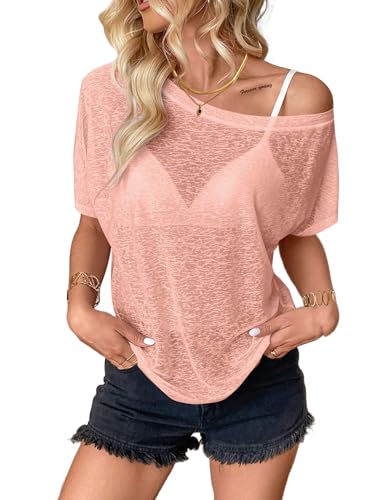 Image of Hilinker Women's Sheer Off The Shoulder Tops See Through Sexy Short Sleeve Mesh Shirt Summer