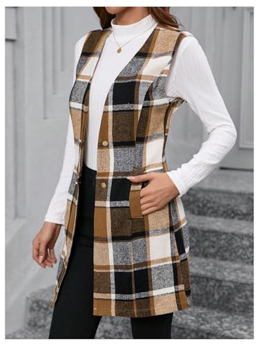 MakeMeChic Women's Long Vest Plaid Button Open Front Sleeveless Blazer Vest Jacket Coat with Pocket3
