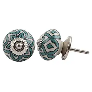 Indian-Shelf 2 Piece Green Knobs -Ceramic Antique Knobs for Drawers - Flower Drawer Handle - 3.81 cm Drawer Pulls