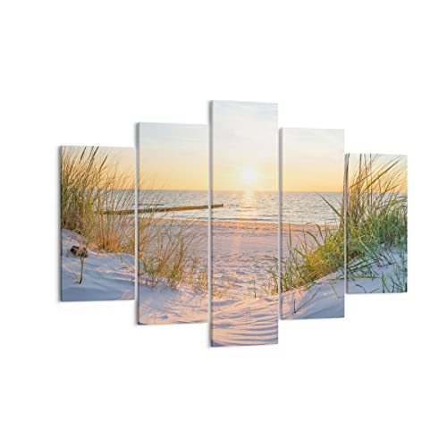 Moderne Impression sur Toile 150x100cm Image Tableau Decoration Murale dune plage mer Grand Tableaux Decoratifs Muraux Chambre Triptyque 5 parties Deco Cadre Décoration Salon Art Wall EA150x100-3989