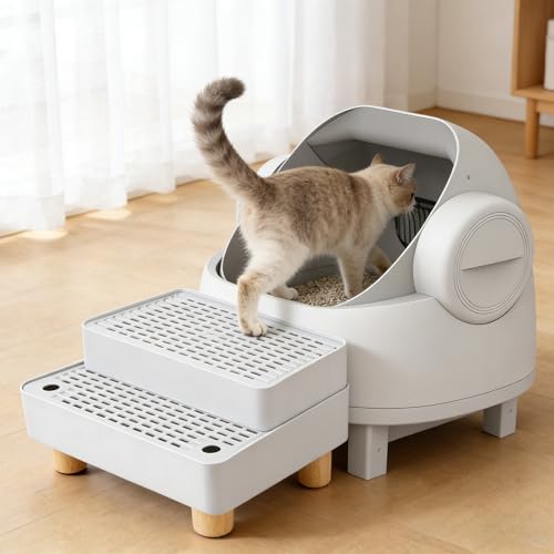 Adjustable 2 Steps Litter Box Ramp, Cat Litter Catcher Mat with Wooden Feet, Filter Function, Litter Box Step for Small & Elderly Cats, Fits Automatic Litter Boxes (Light Grey) by Himake - Image 8