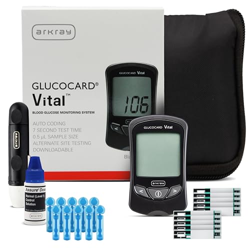 ARKRAY GLUCOCARD Vital Blood Glucose Monitor Kit – Fast, Accurate & Easy-to-Use Blood Glucose Monitoring System with Meter, 10 Test Strips, 10 Lancets, Control Solution, Lancing Device & Carrying Case