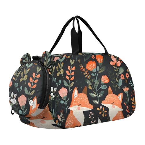 Kids Sports Duffel Bag for Boys & Girls - Cartoon Fox Flowers 100% Polyester Gym Bag with Separate Shoe Compartment, Adjustable Shoulder Strap, Compact Travel & Workout Gear Bag - Main Image