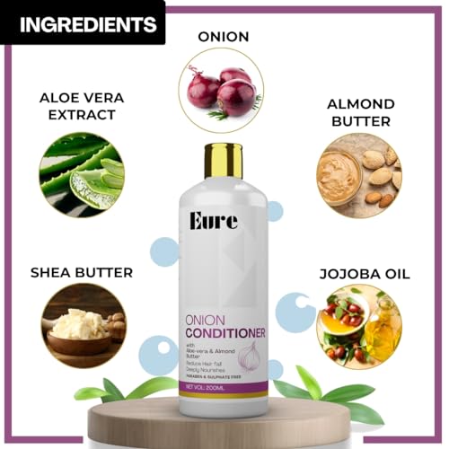 Image of Eure Onion Conditioner with Aloe-Vera & Almond Butter - Reduce Hair Fall, Optimal Hydration & Nourishment, Deep Cleansing, Scalp Health, Improved Texture, Reduce Dandruff, Natural and Herbal - 200ml