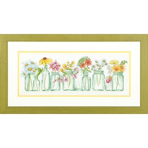 Mason Jar Counted Cross Stitch Kit, 14 Count White Aida, 18'' x 7''.