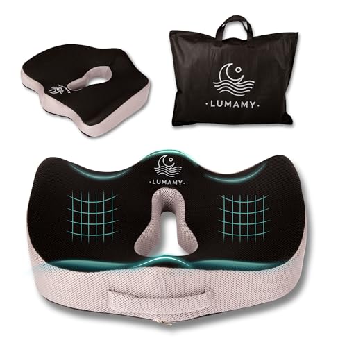 LUMAMY Cojin Silla Oficina de Espuma Memoria Portatil Reduce Presión, Cojin Coxis con Diseño Ergonómico, Cojin Antiescaras, Embarazada Confort Prolongado para Trabajo, Hogar y Coche, XL